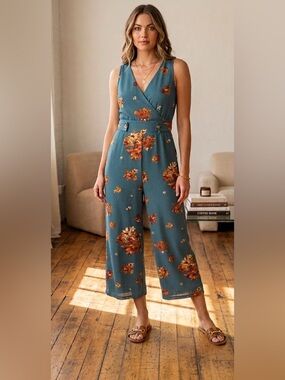 Xhilaration Teal Floral Wide-Leg Jumpsuit with Rust Blooms and Button Detail
